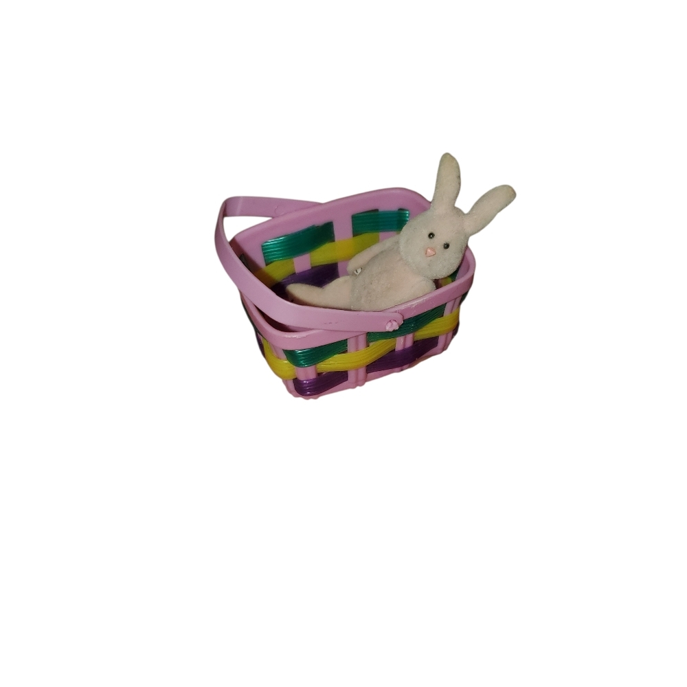 Vintage Mini Flocked Jointed Bunny And Easter Basket
